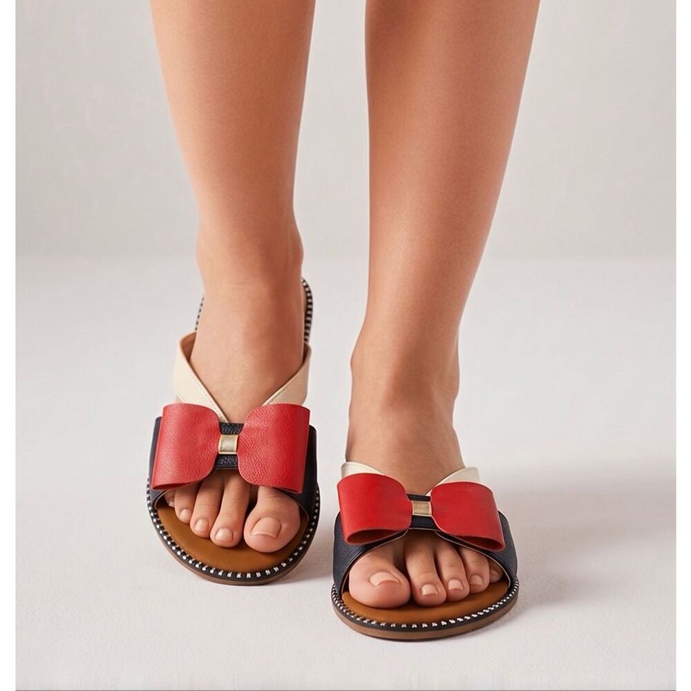 Faux leather black, red and white flat sandals size 7.5